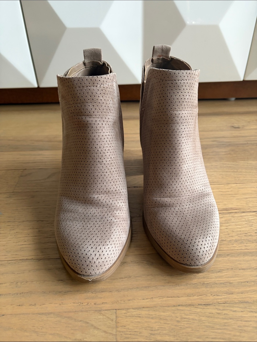 Universal Thread Perforated Suede Ankle Booties in Taupe